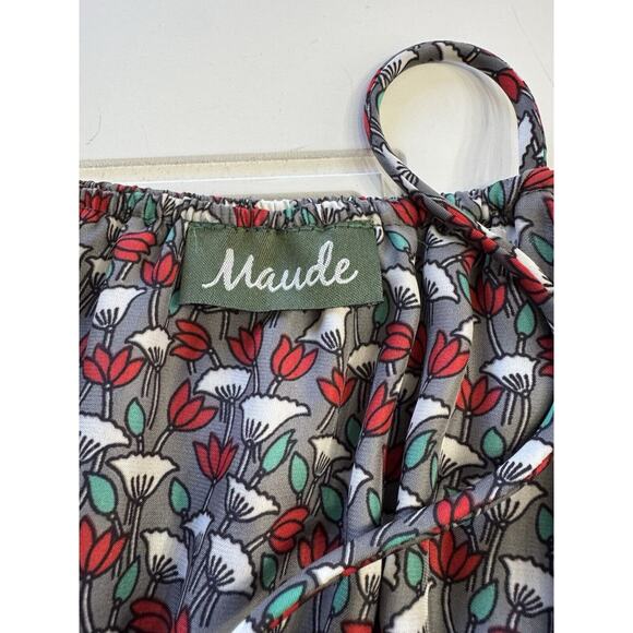 Maude Spaghetti Strap Tiered Pleated Black Floral Dress Size S Midi - Picture 3 of 6